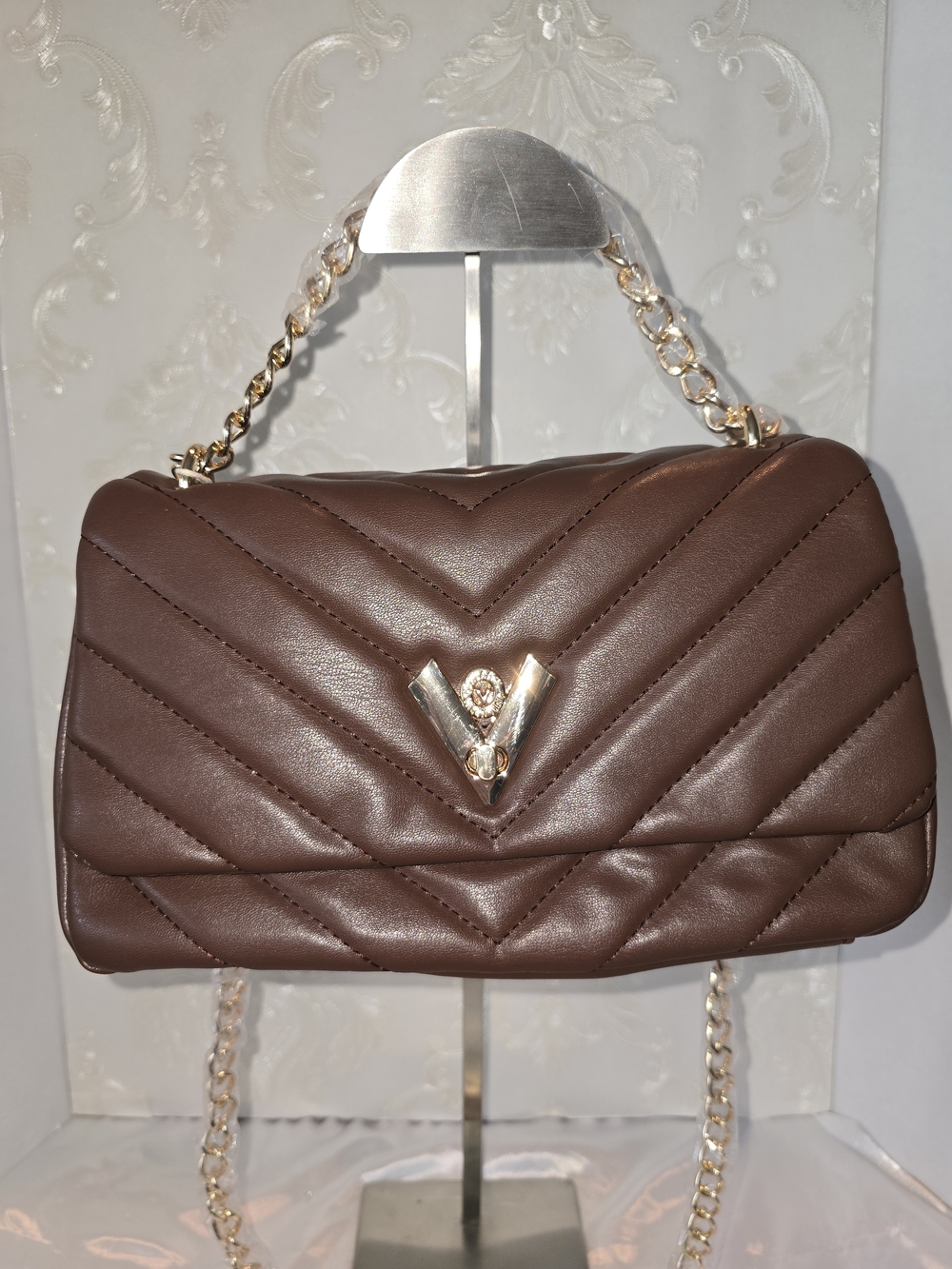VALENTINO ORLANDI Quilted Brown Chain Shoulder Bag